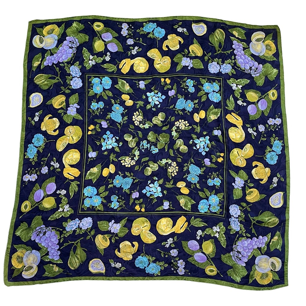 Navy Blue Floral Citrus Fruits Silky Head Wrap/Scarf